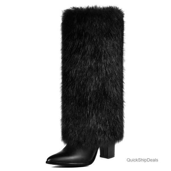 Chunky Heel Knee High Faux Fur Boots Wide Calf Fold Over Side Zipper